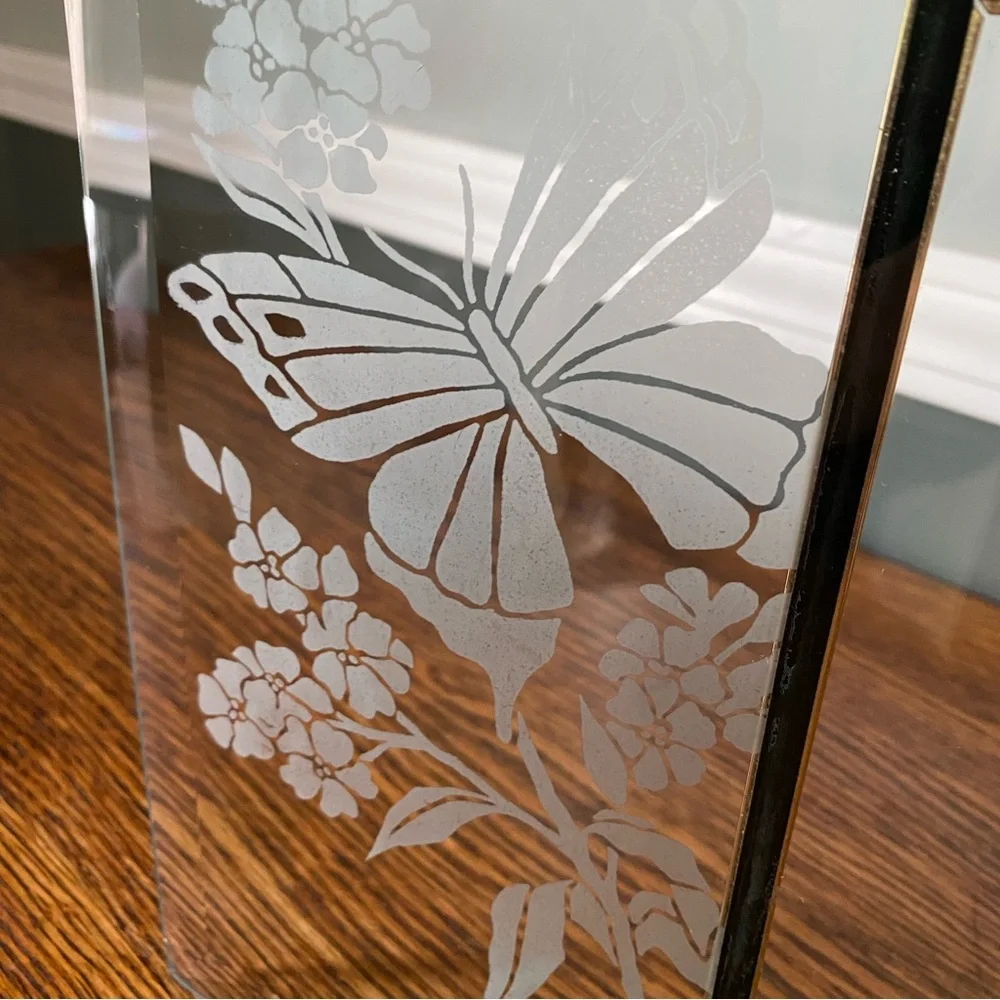 Vintage 1980s Curved Glass Photo Frame Etched Frosted Design Butterflies Flowers